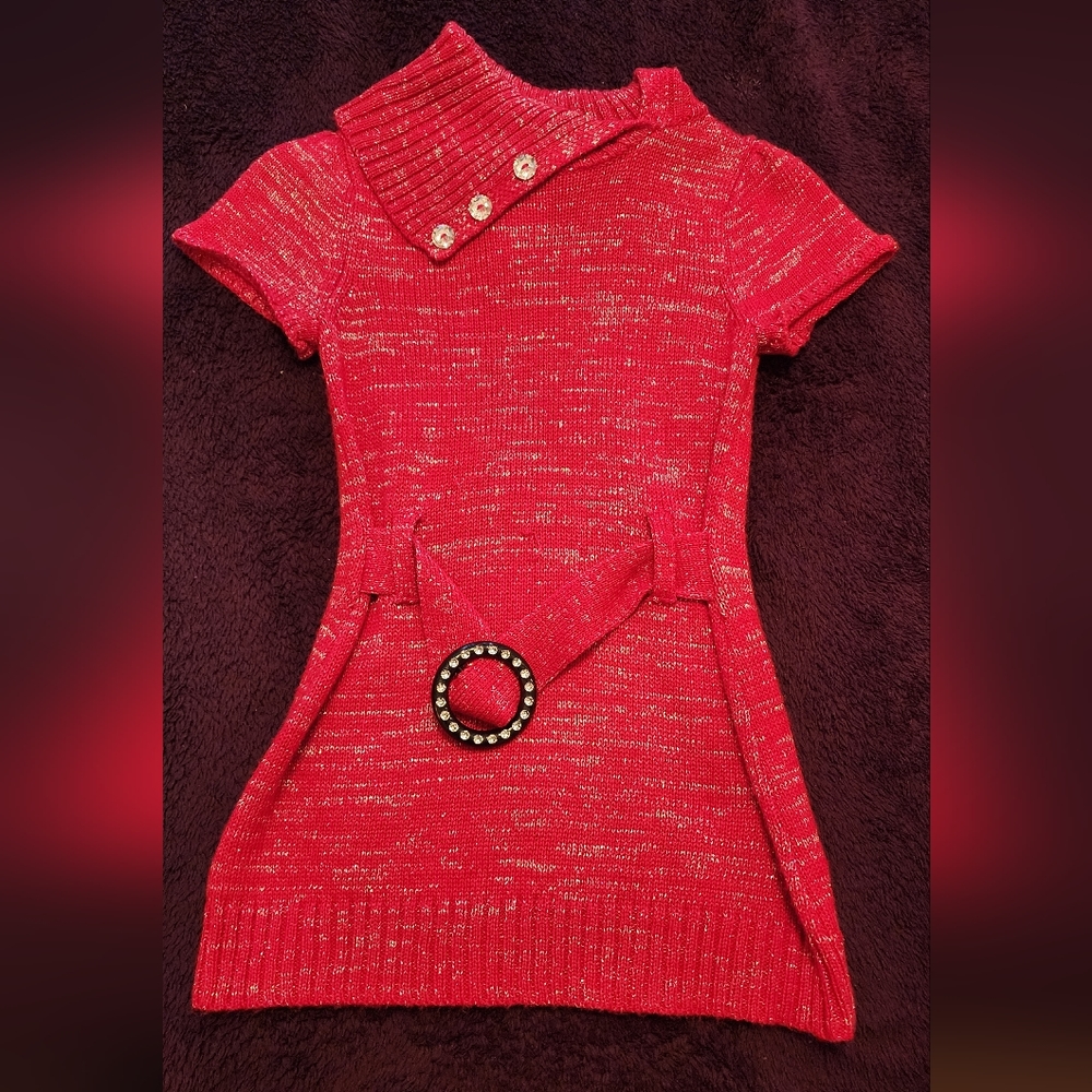 Faded Glory Girls Sweater Dress Red Metallic Silver Party Size XS 4/5